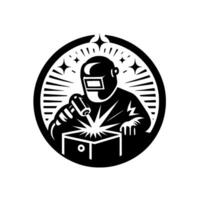 Black and White Circular of a Welder in Protective Gear Arc Welding a Metal Cube with Spark Effects and a Starburst Frame. vector
