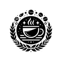 Black white coffee featuring a steaming mug within a circle adorned by a leaf wreath, coffee beans, and stars, representing freshness and quality. vector