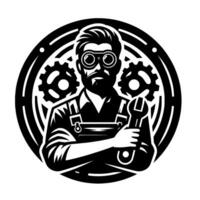 Stylized, monochrome mechanic emblem depicting a bearded man in overalls and goggles, holding a wrench, surrounded by gears within a circular frame. vector