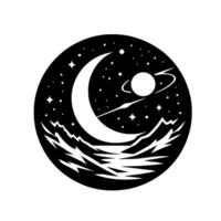 Celestial Nightscape in a Circle Crescent Moon, Planet with Rings, Starry Sky Over Jagged Mountains, Black White vector