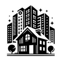 Black and white illustration showing a house in front of skyscrapers, with star accents, representing urban development or contrast. vector