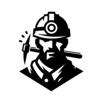 Silhouette of a determined miner with a pickaxe over his shoulder, wearing a helmet with a light, depicted in a , minimalist . vector