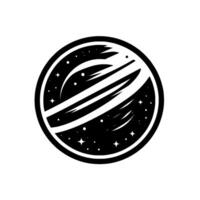 Monochromatic, stylized planet within a black circle, featuring orbital streaks and celestial stars against a contrasting white backdrop. vector