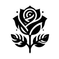 A minimalist, highcontrast black and white illustration of a stylized rose flower with leaves, presented against a clean white backdrop. vector