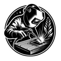 Black and White Welding Emblem A Welder in Protective Gear, Sparking Over Metal, Surrounded by Stars and Leaves. vector