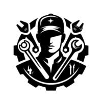 Monochromatic Mechanic Silhouette A gearframed technician image with tools surrounding him, wearing a cap with star, representing expertise, and service. vector