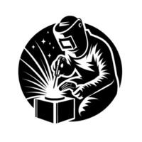 Black and white illustration of a welder in a protective mask welding metal, with bright sparks and stars within a circular frame. vector
