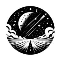 Black and White Space Journey Circular Illustration of a Road Leading to a Cosmic Moon with Shooting Stars and Cloudscape. vector