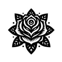 Intricate symmetrical black and white illustration of a floral , reminiscent of a mandala or a stylized rose with complex layered petals and dot accents, set against a white backdrop. vector