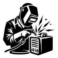 A black and white minimalist illustration of a welder, sparks flying as he welds using a modern machine. vector