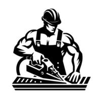Strong Construction Worker in Overalls, Using a Power Drill on a Plank in a Bold Black White Illustration, . vector
