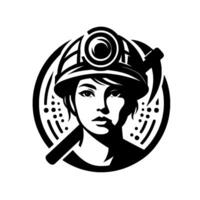 Monochromatic Silhouette of a Determined Female Miner Wearing a Hard Hat with a Lamp and Pickaxe, Enclosed in a Circular Emblem. vector