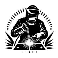 Bold Black and White Illustration of a Welder at Work with Sparks and Protective Gear, within a geometric frame. vector