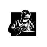 Black and white stylized depiction of a welder in a protective mask using a welding torch on a metal block with radiant sparks. vector