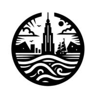 Circular Black and White Silhouette of a Cityscape with Empire State Building, Sailing Ship, and Ocean Waves. vector