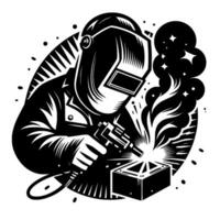 Black and white illustration of a welder in protective gear, arc welding a metal box, with smoke and sparks, in an oval frame. vector