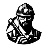 Bold Black and White Illustration of a Miner with Helmet, Pickaxe, and Strong Facial Features. vector