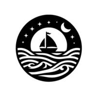 Minimalist Round Illustration of a Sailboat Navigating Serene Waves Under a Starry Night and Crescent Moon, Black and White. vector