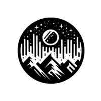 Circular Black and White depicting mountains, a moon, stars, and minimalist abstract elements, evoking nature and celestial themes. vector