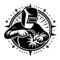 Black and White Illustration of a Welder in a Welding Mask with Starburst and Compass Rose vector