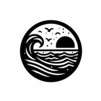 Minimalist black and white circular emblem showcasing ocean waves, a setting sun, birds, and dotted sky, embodying a tranquil coastal scene. vector