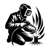 Black and White Illustration of a Kneeling Welder Using a Torch to Weld Metal with Sparks Emanating. vector
