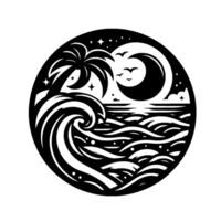 A black and white circular illustration of a tropical night scene, waves crashing near a palm tree, with a crescent moon and stars. vector