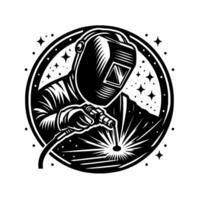Black white illustration of a welder in a protective helmet, welding sparks in a circle, surrounded by stars and dots. vector