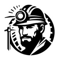 Bold, Black and White Illustration of a Miner with a Headlamp and Pickaxe, Encircled in a Symbolic Frame, Symbolizing Industry and Labor. vector