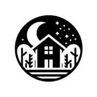 Silhouette of a house, trees, moon, and stars within a black circle, representing a peaceful night scene. vector