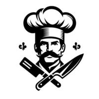 Stylized Monochrome Chef with Large Mustache, Crossed Knife and Cleaver, Set Against White Background, French FleurdeLis vector