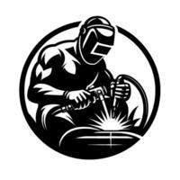 Black and White Silhouette of a Welder in Action, Focused on the Intense Spark within a Circular Frame. vector