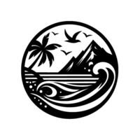 Black and white circular with ocean waves, a palm tree, mountains, and flying birds, embodying a tropical seaside paradise. vector