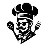 Hipster Chef Stylish male chef with sunglasses, handlebar mustache, hat, bowtie, spoon, and fork in a bold, black and white . vector