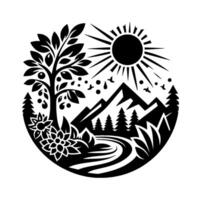 Black and White Circular Illustration of a Nature Scene featuring a Tree, Mountains, Sun, Flowers and River. vector