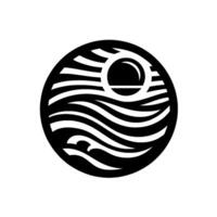 A minimalist, circular emblem featuring a black and white ocean scene with a rising sun, and a modern, clean aesthetic. vector