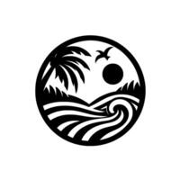 Black and white circular emblem depicting a tropical beach scene with a palm tree, waves, sun, and a bird, evoking a sense of serenity and nature. vector