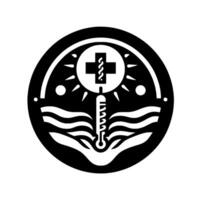 Black and white circular medical emblem featuring a cross, thermometer, waves, and sunlike rays, symbolizing healthcare or healing. vector