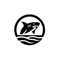 Minimalist Black and White Shark , Depicting a Jumping Shark Within a Circle and Waves. vector