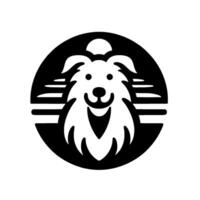 Black and white illustration of a smiling collie dogs head within a circular emblem. vector