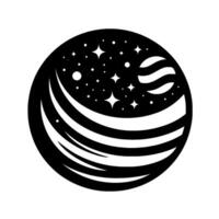Cosmic Abstract Black and white illustration of a sphere containing stars, a planet, and curved lines, evoking space exploration. vector