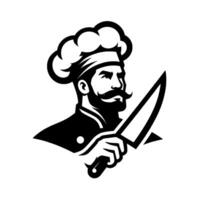 Bold Black White Illustration of a Confident Chef, Sporting a Signature Moustache, Holding a Large Knife, Ready to Cook. vector