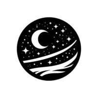 Celestial Silhouette Crescent Moon, Stars, and Wavy Lines Contained in a Black Circle on White. vector
