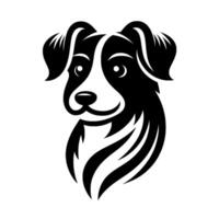 Black and white minimalist silhouette of a Border Collie dogs head, featuring distinctive markings and a friendly expression. vector