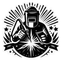 A stylized, monochromatic illustration of a welder in protective gear, with a welding torch creating a spark, surrounded by stars and radiating lines, on a banner. vector