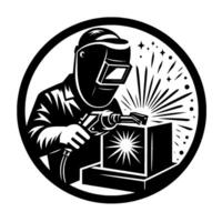 Black White Circular of a Welder in a Helmet Welding a Cube, Sparking, Stars, and Dots. vector
