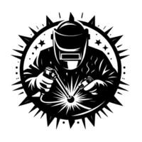 Black and white illustration of a welder, enclosed by a spiky circular frame, sparks, and stars. vector