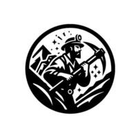 Black and White Circular of a Bearded Miner with Pickaxe and Lamp, Surrounded by Mountains and Sparkling Accents vector