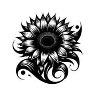 Intricate Black and White Sunflower TattooStyle with Ornate Swirls and Yin Yang Elements on White Backdrop. vector