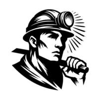 A stoic black and white portrait of a miner, illuminated by a helmet lamp, holding a pickaxe, conveying strength and determination. vector